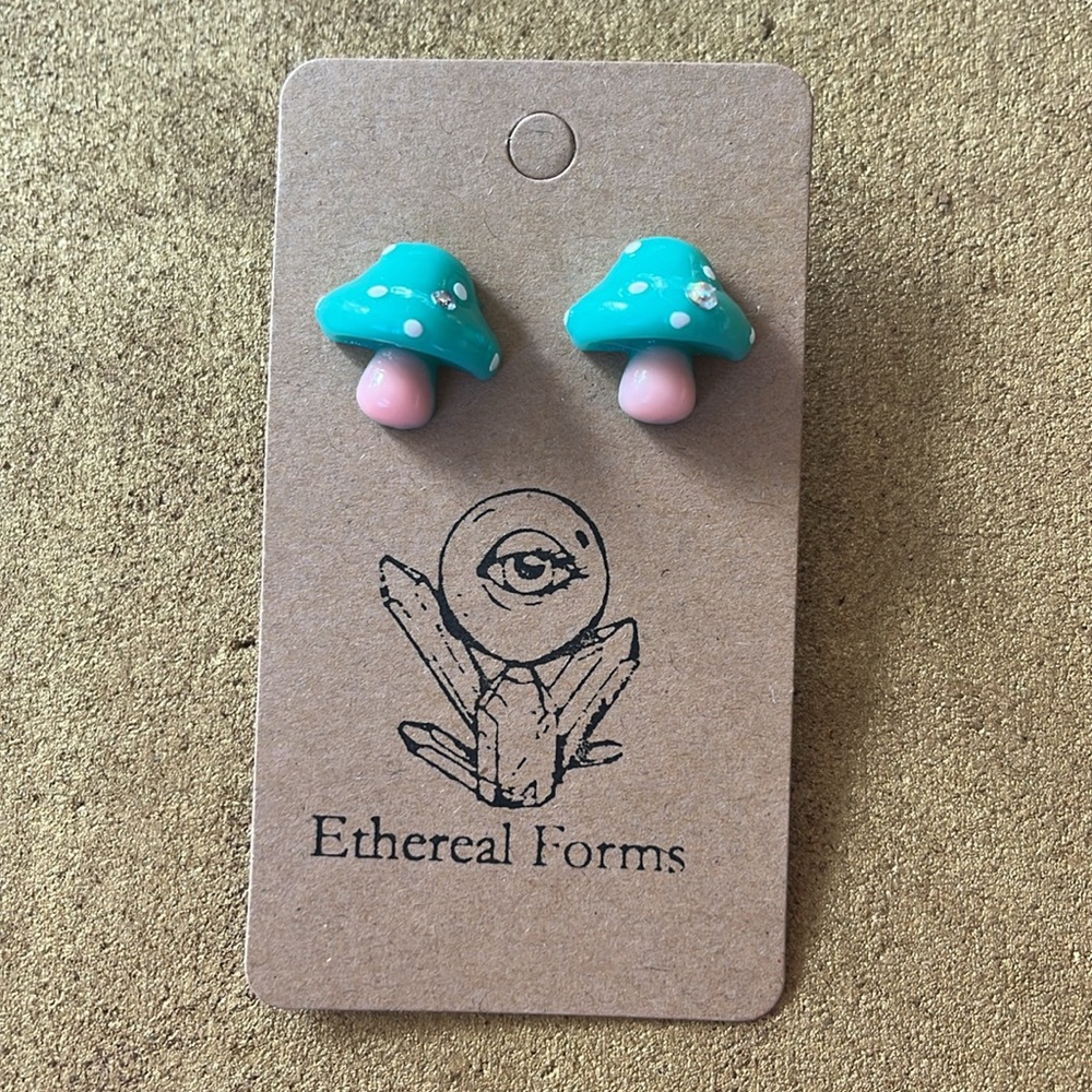 Green and pink mushroom post earrings with rhinestones